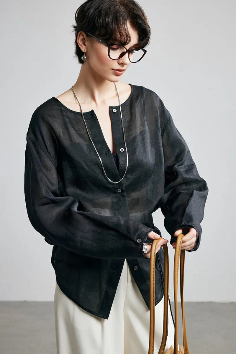100 Ramie Oversized Sheer Collarless Beach Shirt