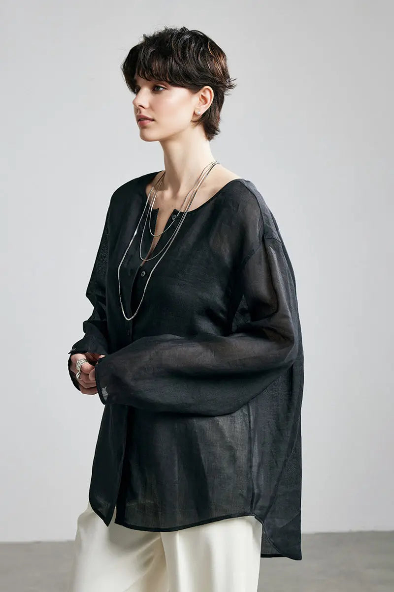 100 Ramie Oversized Sheer Collarless Beach Shirt