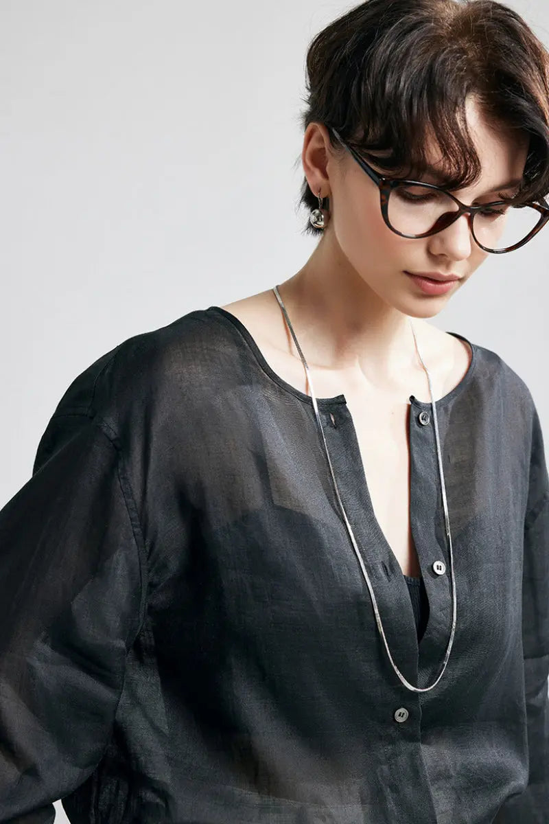 100 Ramie Oversized Sheer Collarless Beach Shirt