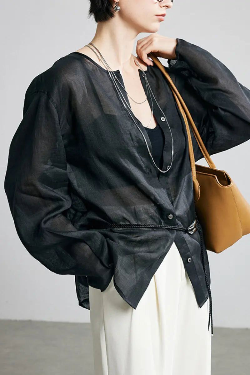 100 Ramie Oversized Sheer Collarless Beach Shirt