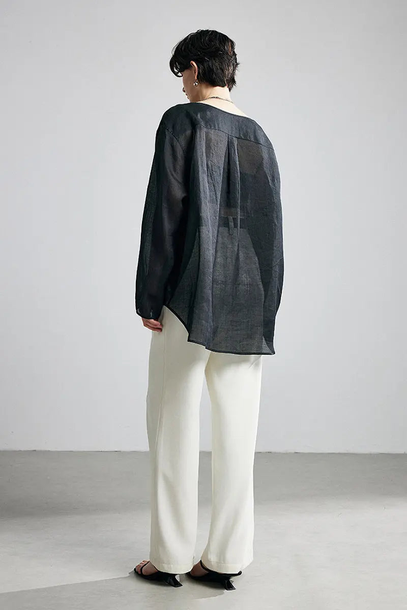 100 Ramie Oversized Sheer Collarless Beach Shirt