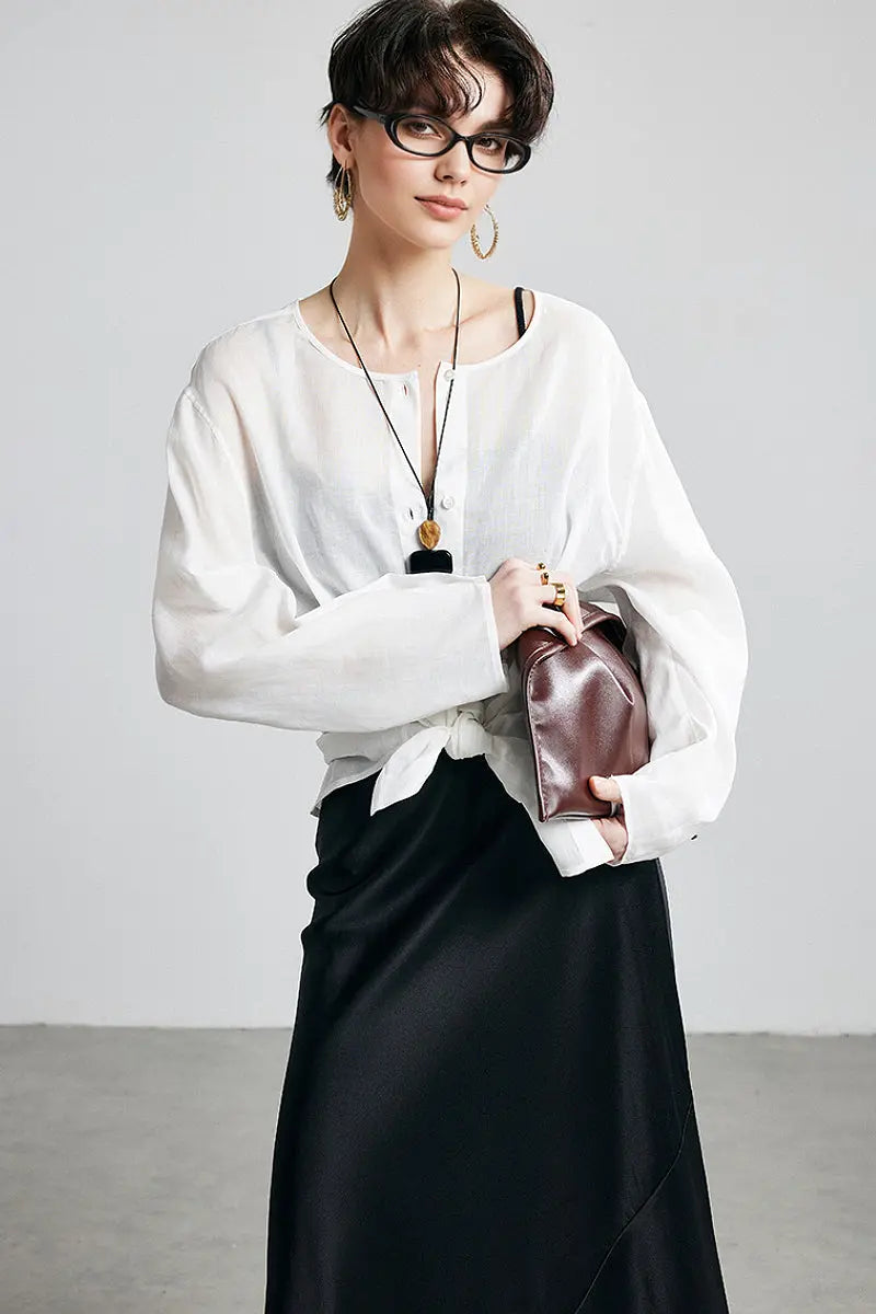 100 Ramie Oversized Sheer Collarless Beach Shirt