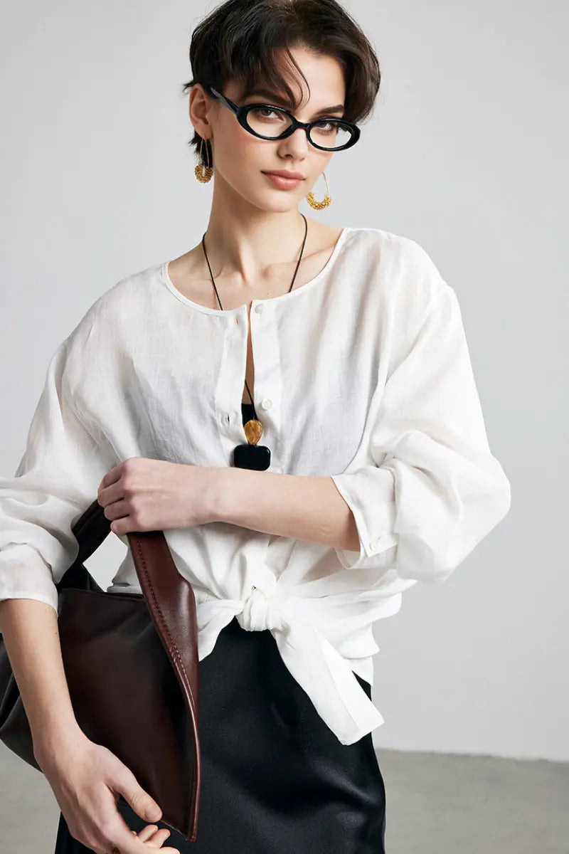 100 Ramie Oversized Sheer Collarless Beach Shirt