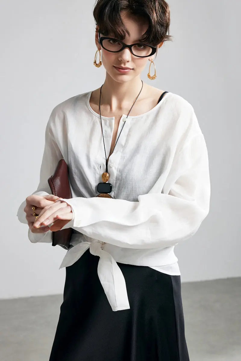 100 Ramie Oversized Sheer Collarless Beach Shirt