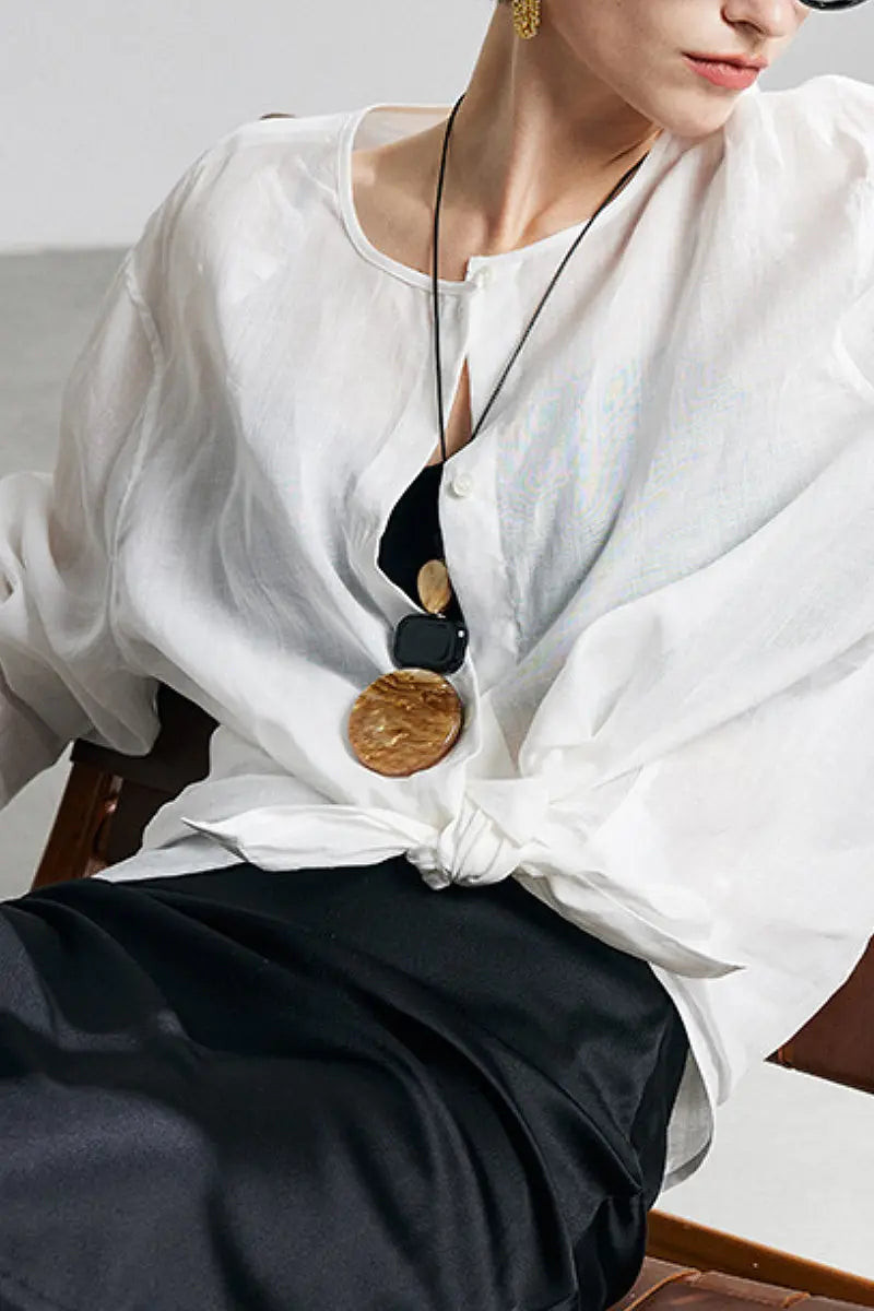 100 Ramie Oversized Sheer Collarless Beach Shirt