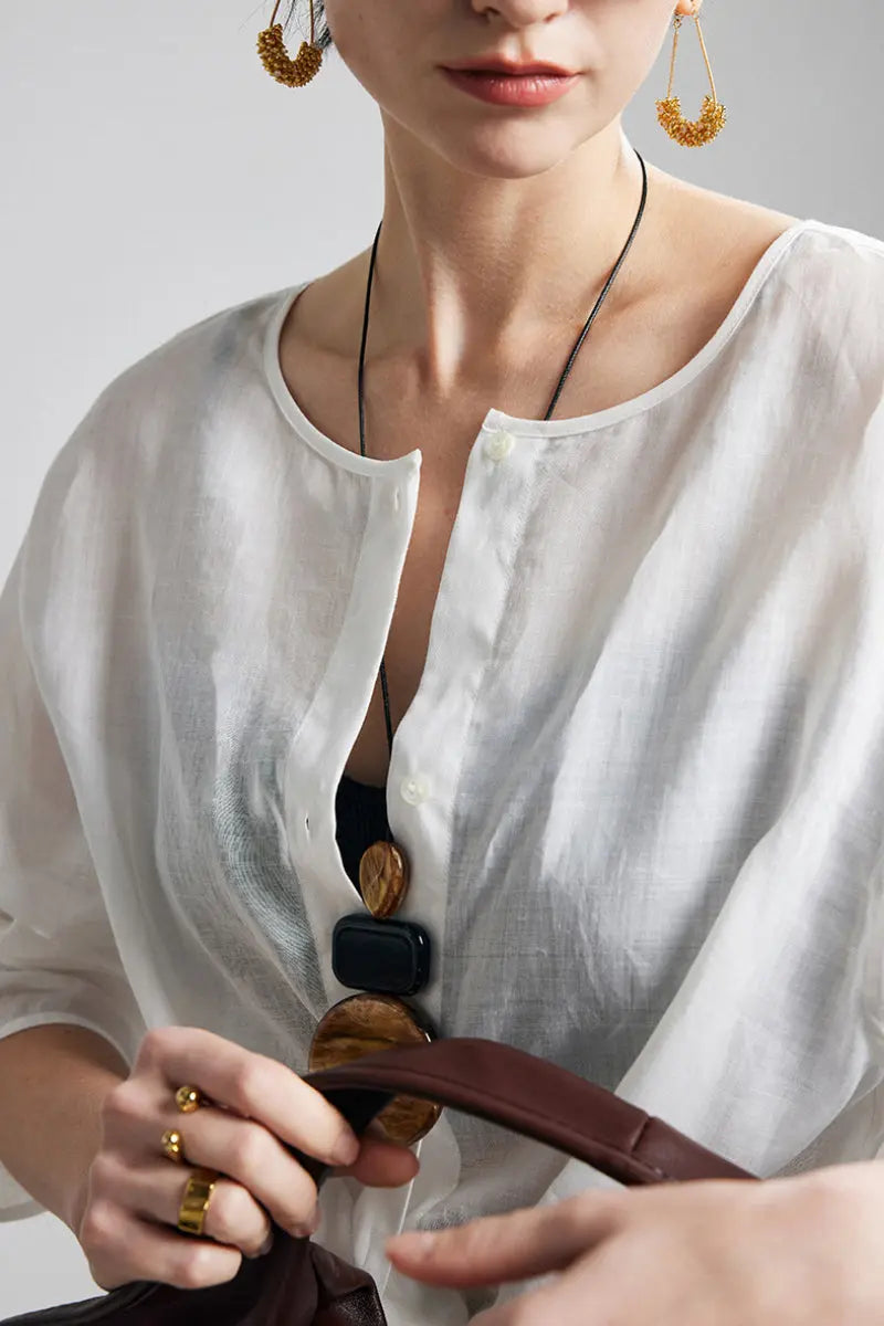 100 Ramie Oversized Sheer Collarless Beach Shirt