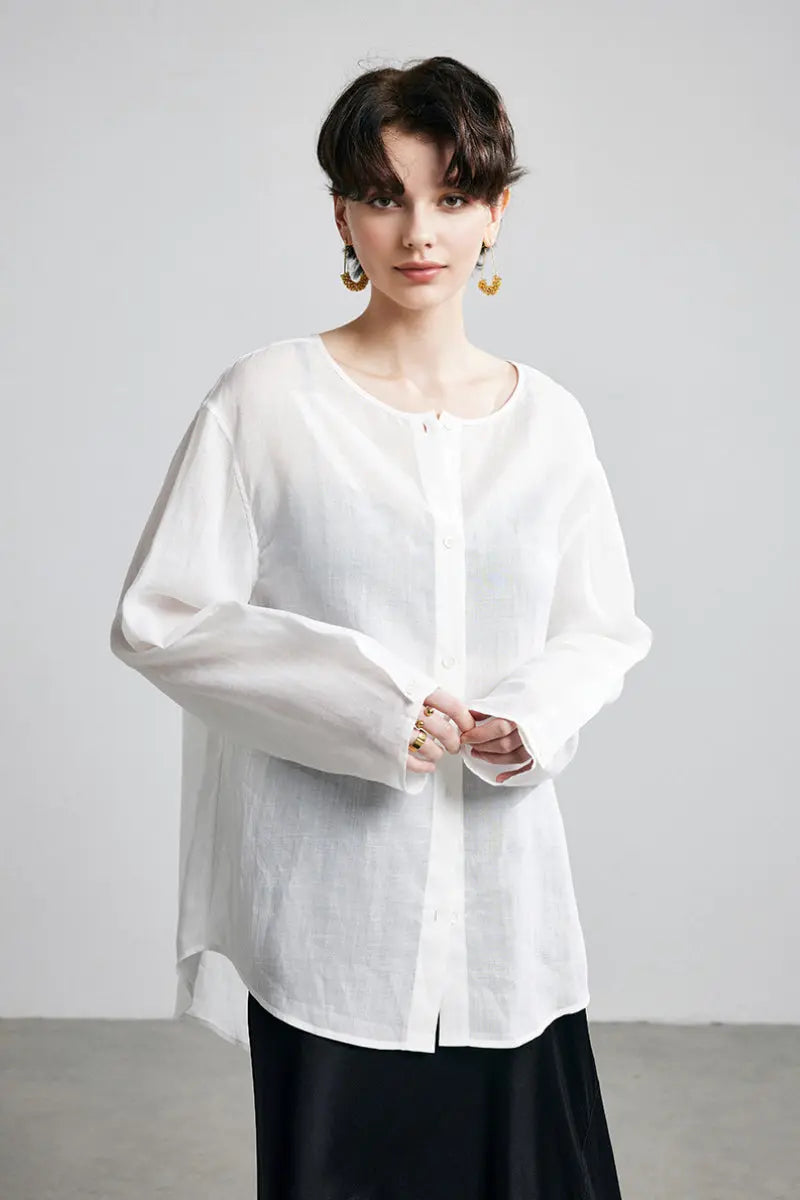 100 Ramie Oversized Sheer Collarless Beach Shirt