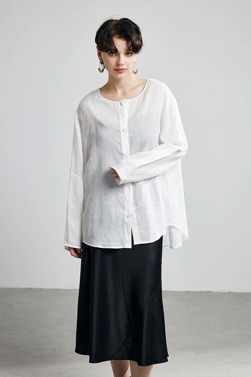 100 Ramie Oversized Sheer Collarless Beach Shirt