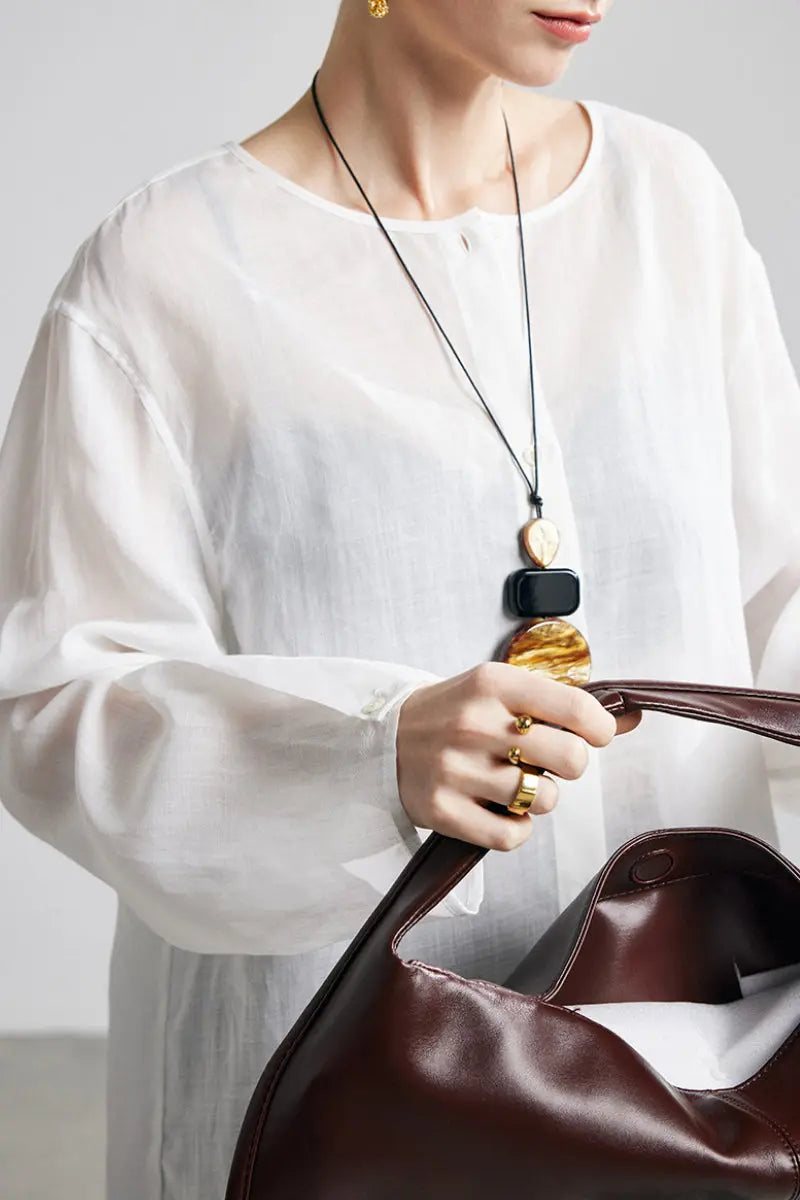 100 Ramie Oversized Sheer Collarless Beach Shirt