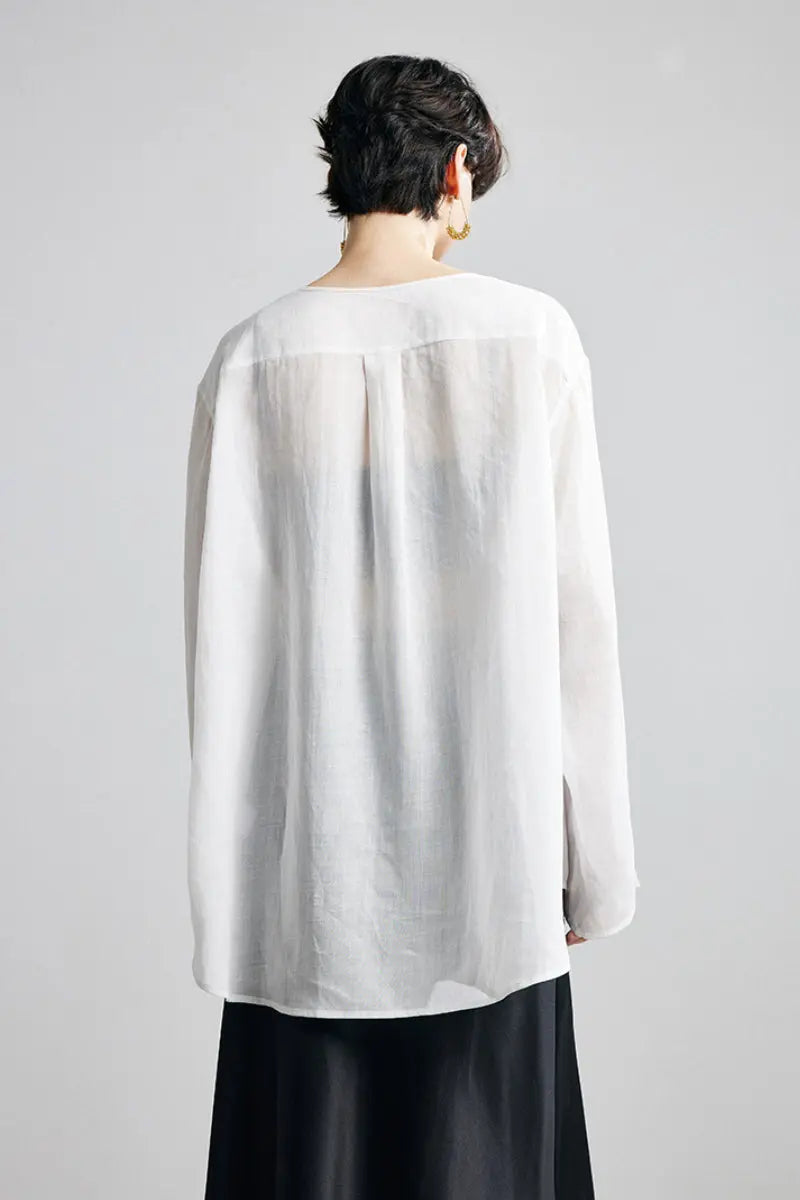 100 Ramie Oversized Sheer Collarless Beach Shirt