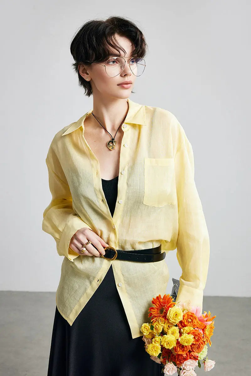 100 Ramie Oversized Sheer Drop-Shoulder Beach Shirt