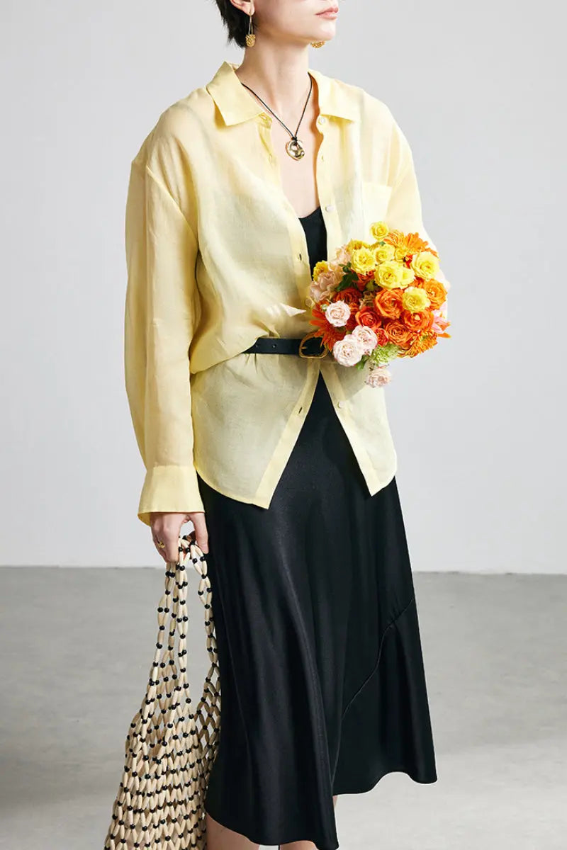 100 Ramie Oversized Sheer Drop-Shoulder Beach Shirt