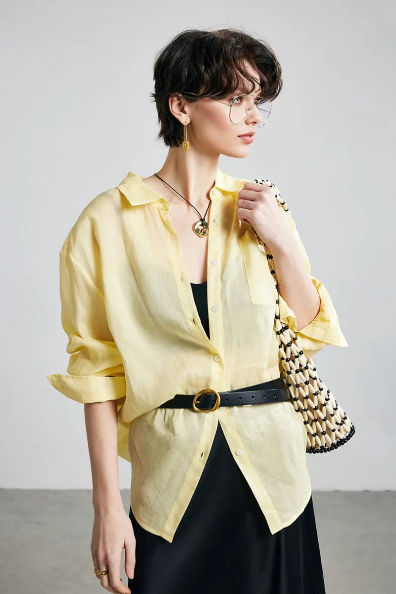 100 Ramie Oversized Sheer Drop-Shoulder Beach Shirt