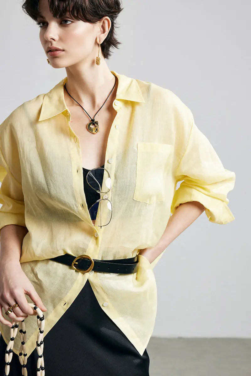 100 Ramie Oversized Sheer Drop-Shoulder Beach Shirt