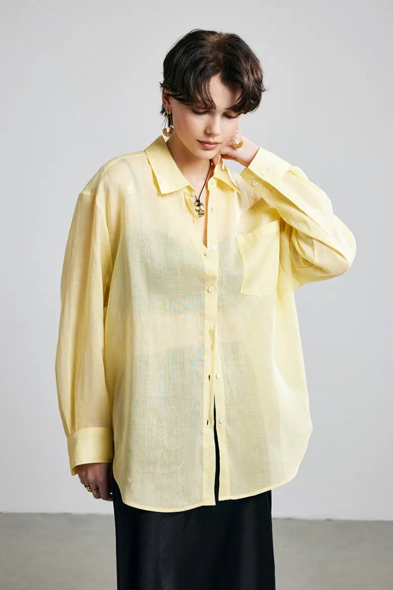 100 Ramie Oversized Sheer Drop-Shoulder Beach Shirt