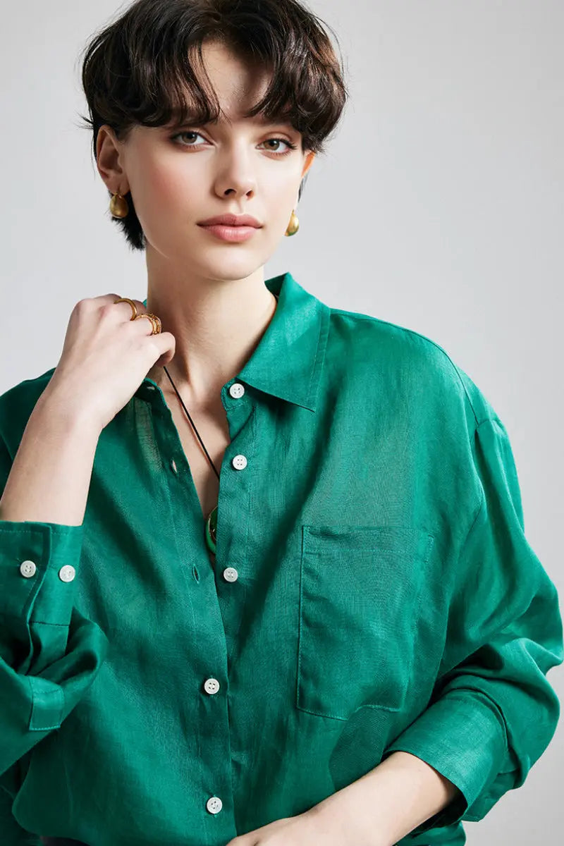 100 Ramie Oversized Sheer Drop-Shoulder Beach Shirt