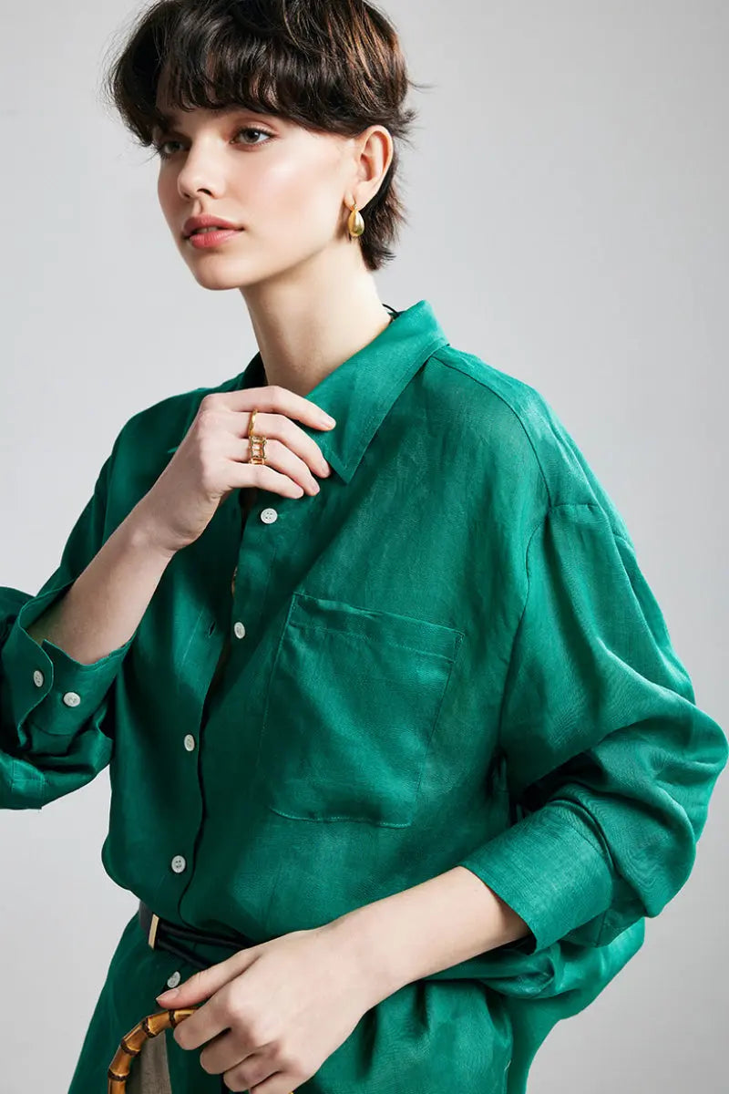 100 Ramie Oversized Sheer Drop-Shoulder Beach Shirt
