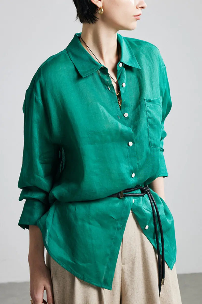 100 Ramie Oversized Sheer Drop-Shoulder Beach Shirt