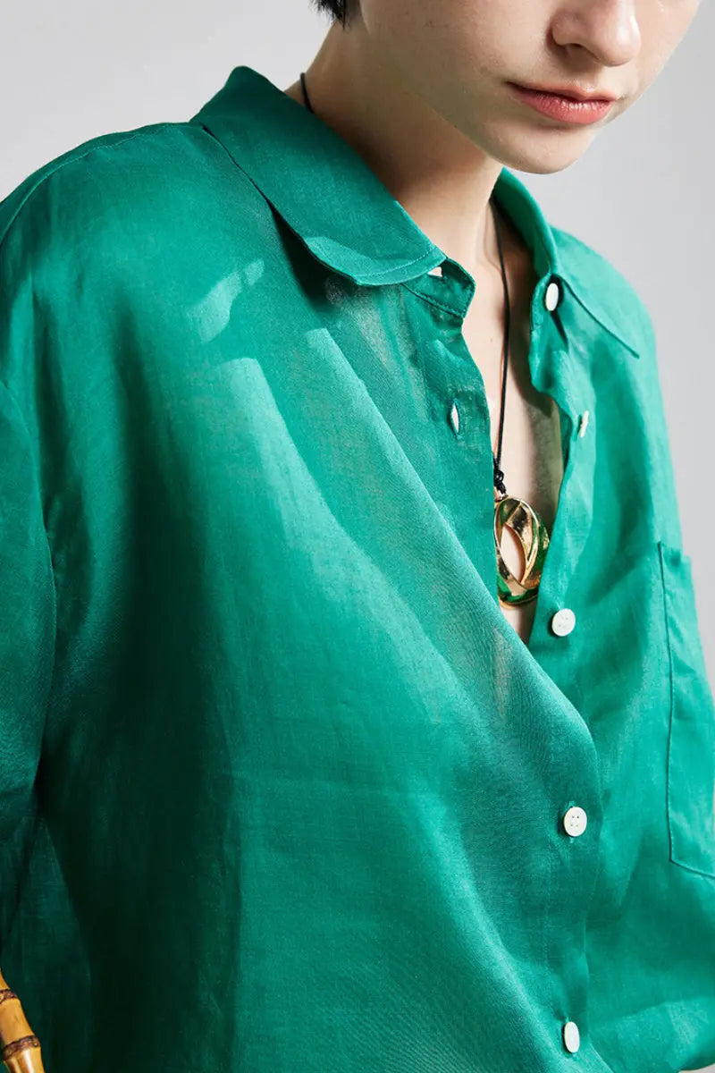 100 Ramie Oversized Sheer Drop-Shoulder Beach Shirt
