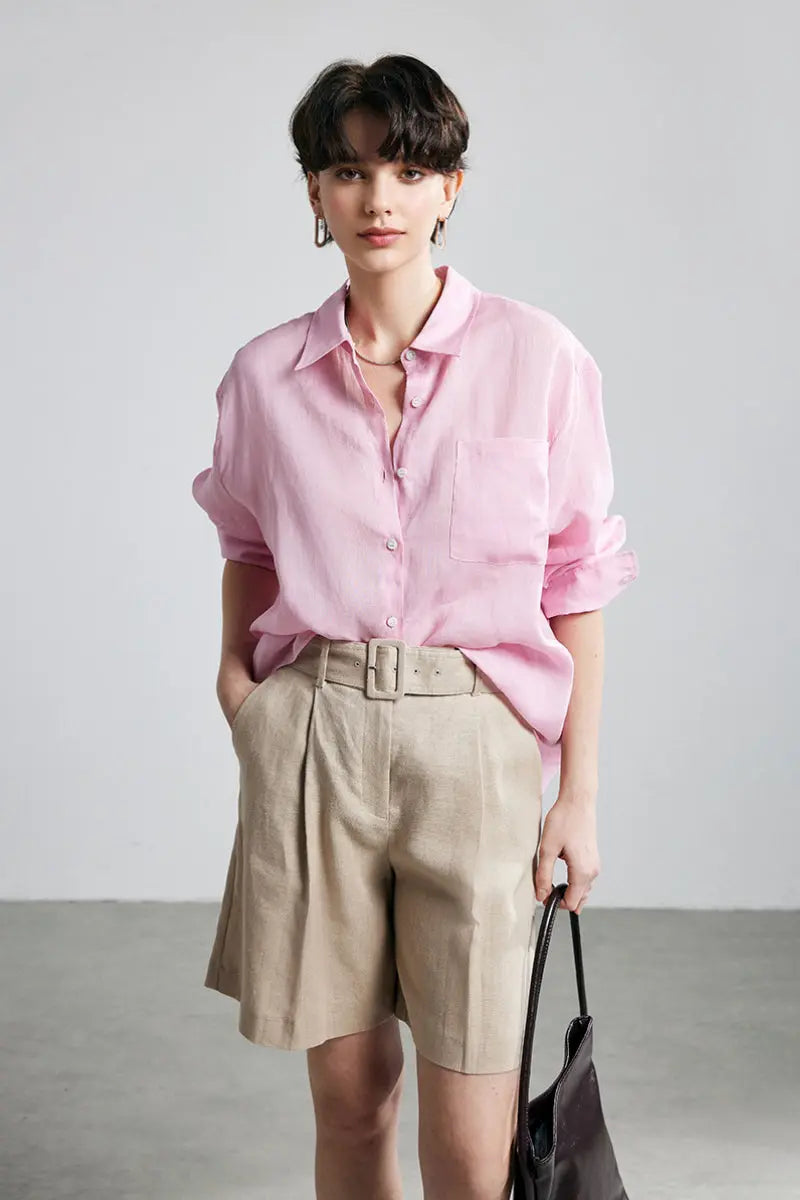 100 Ramie Oversized Sheer Drop-Shoulder Beach Shirt