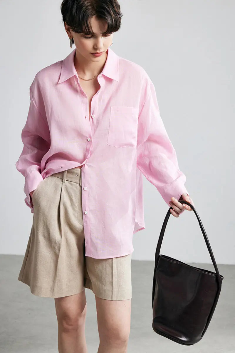 100 Ramie Oversized Sheer Drop-Shoulder Beach Shirt