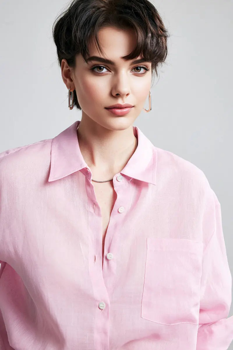 100 Ramie Oversized Sheer Drop-Shoulder Beach Shirt