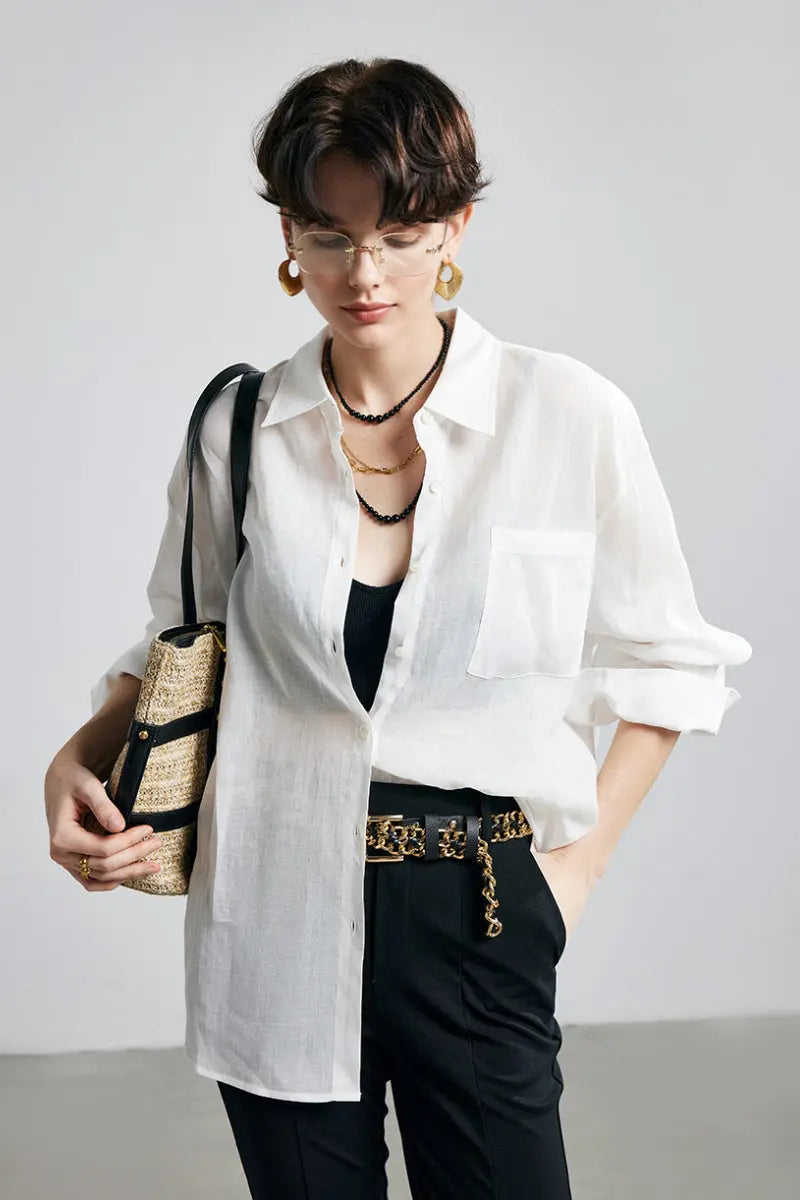 100 Ramie Oversized Sheer Drop-Shoulder Beach Shirt