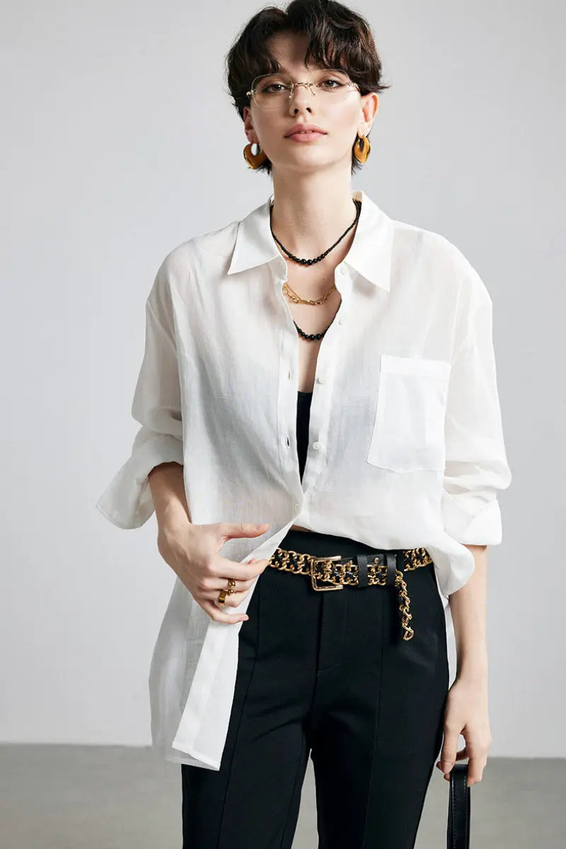 100 Ramie Oversized Sheer Drop-Shoulder Beach Shirt