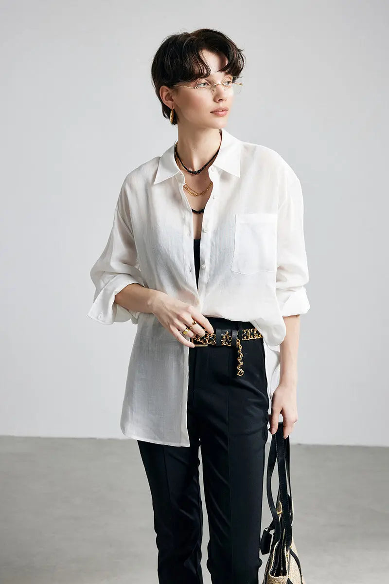 100 Ramie Oversized Sheer Drop-Shoulder Beach Shirt