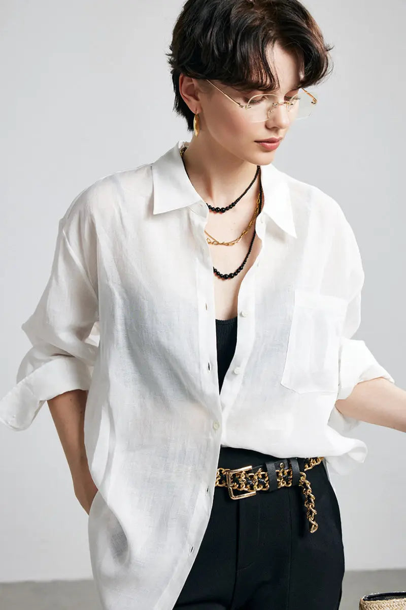 100 Ramie Oversized Sheer Drop-Shoulder Beach Shirt