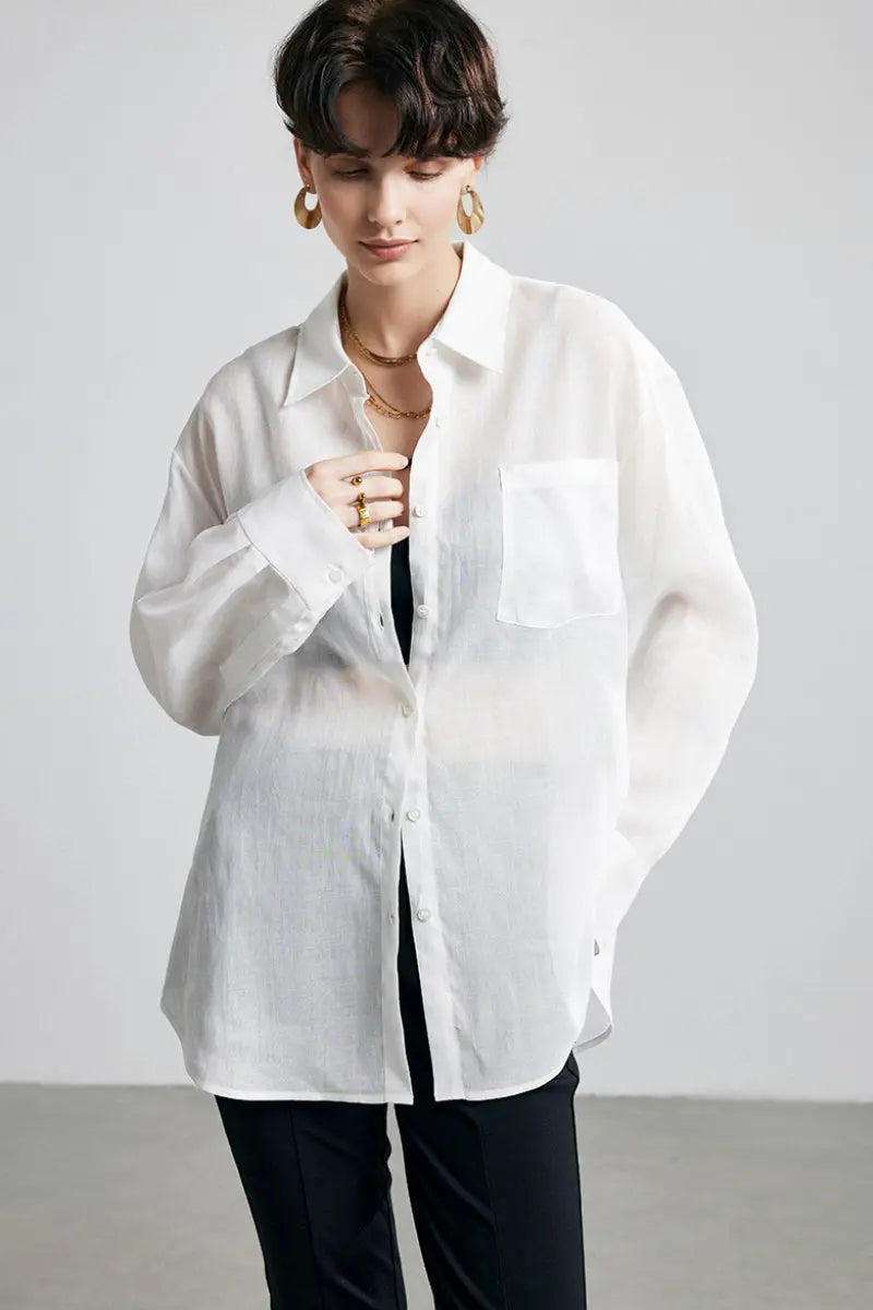 100 Ramie Oversized Sheer Drop-Shoulder Beach Shirt