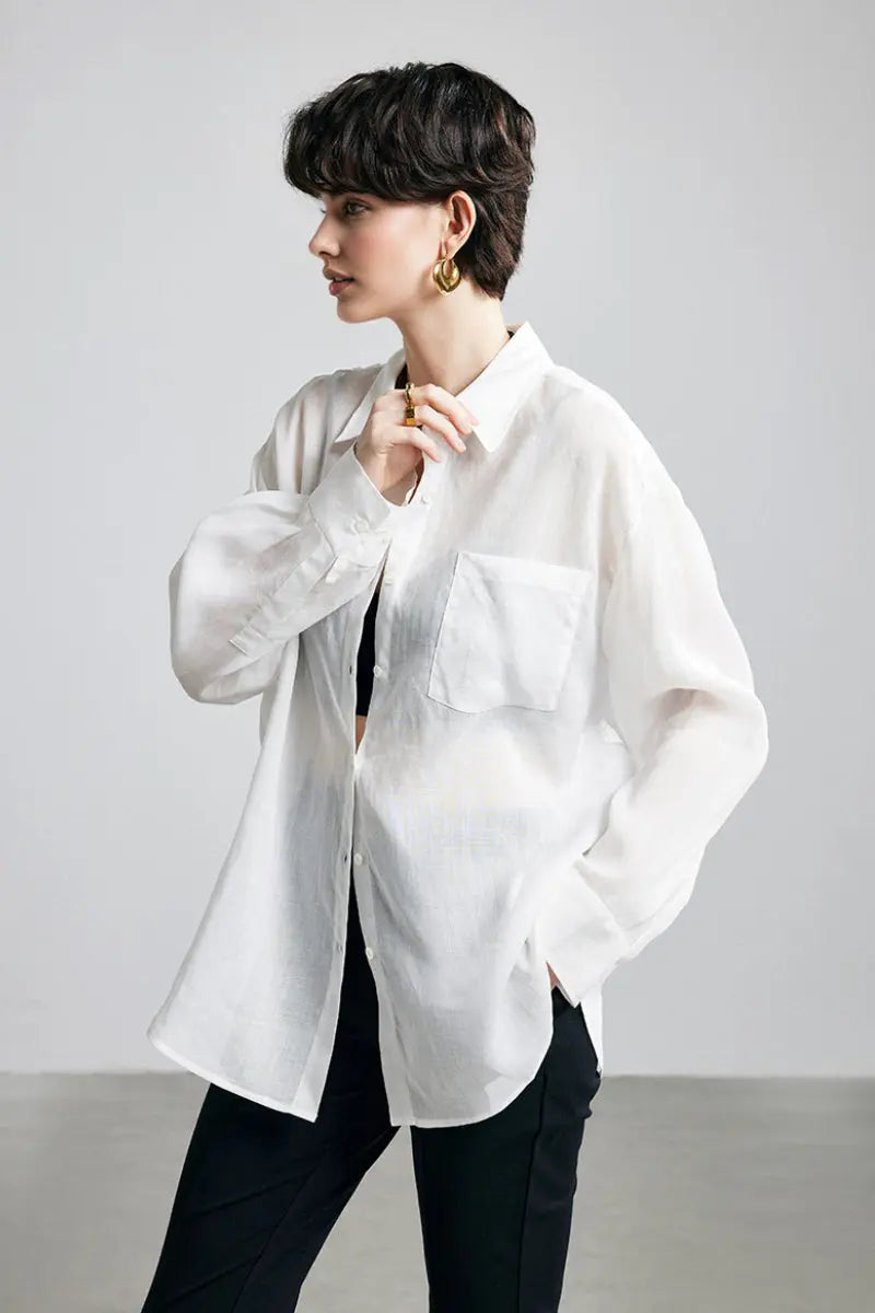 100 Ramie Oversized Sheer Drop-Shoulder Beach Shirt