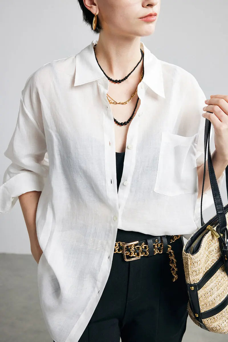 100 Ramie Oversized Sheer Drop-Shoulder Beach Shirt