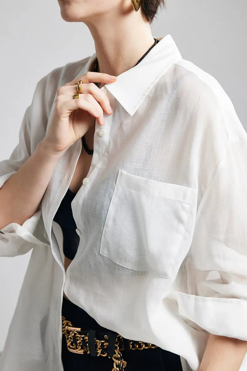 100 Ramie Oversized Sheer Drop-Shoulder Beach Shirt