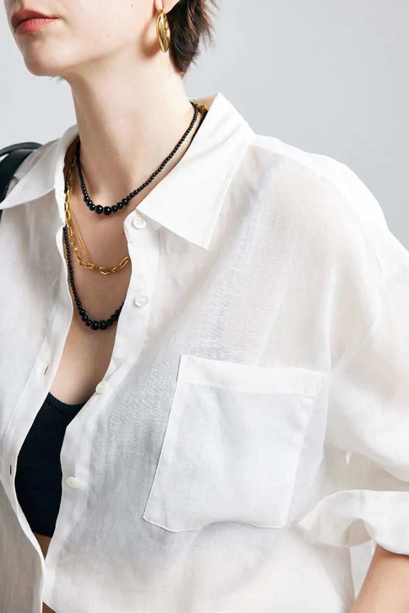 100 Ramie Oversized Sheer Drop-Shoulder Beach Shirt