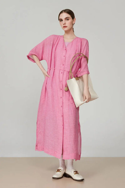 100 Ramie Pink Belted Shirt Midi Dress