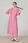 100 Ramie Pink Belted Shirt Midi Dress