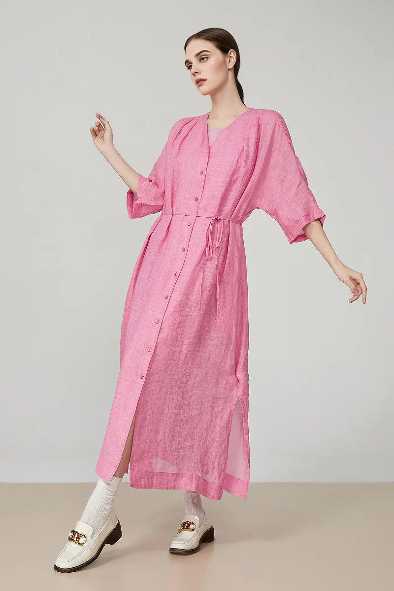 100 Ramie Pink Belted Shirt Midi Dress