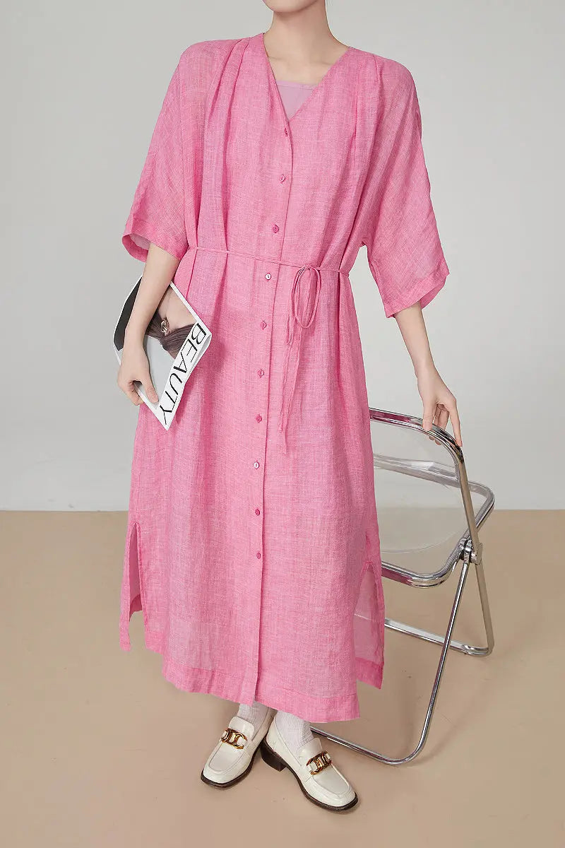 100 Ramie Pink Belted Shirt Midi Dress