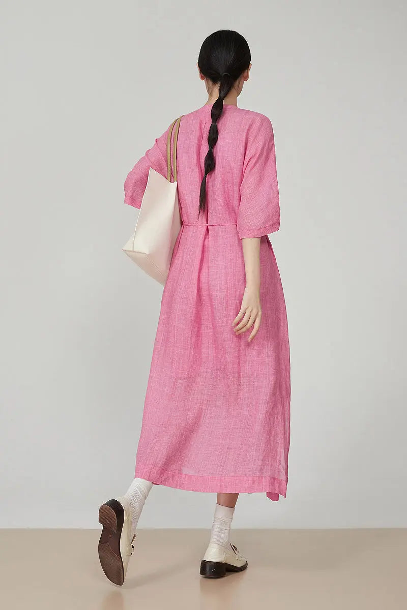 100 Ramie Pink Belted Shirt Midi Dress