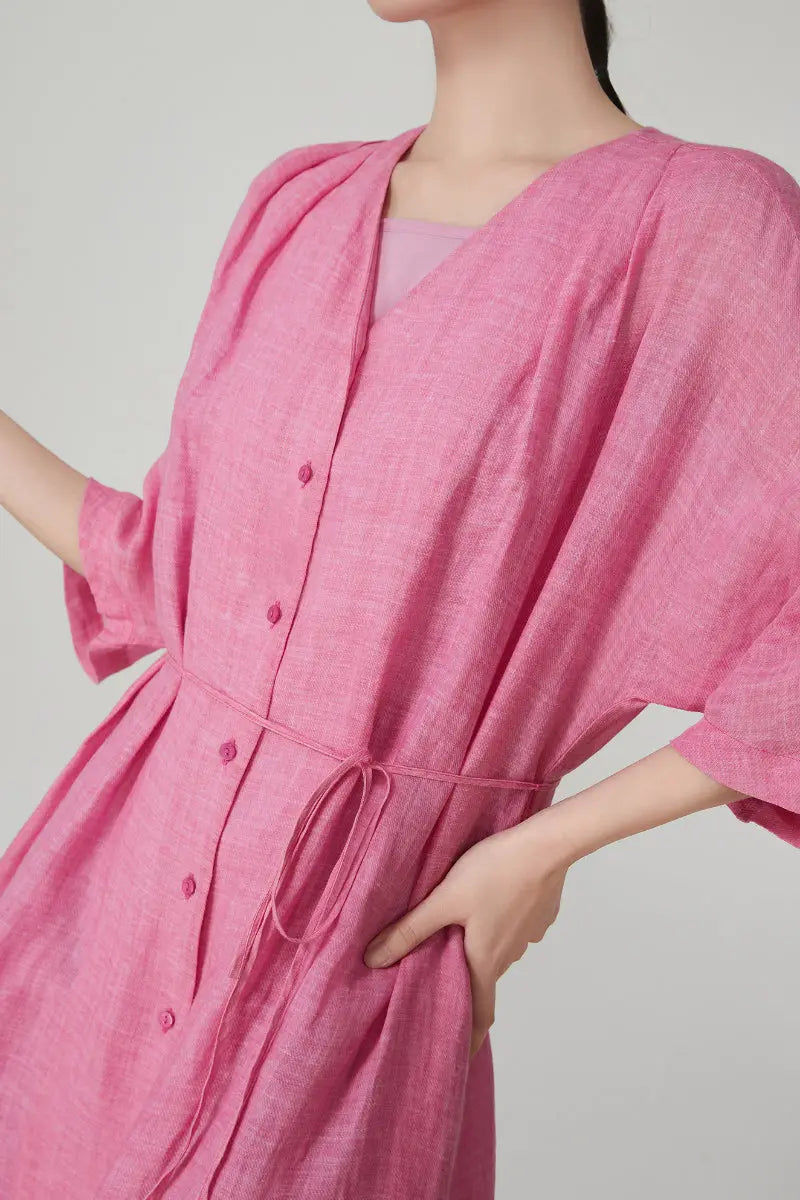 100 Ramie Pink Belted Shirt Midi Dress