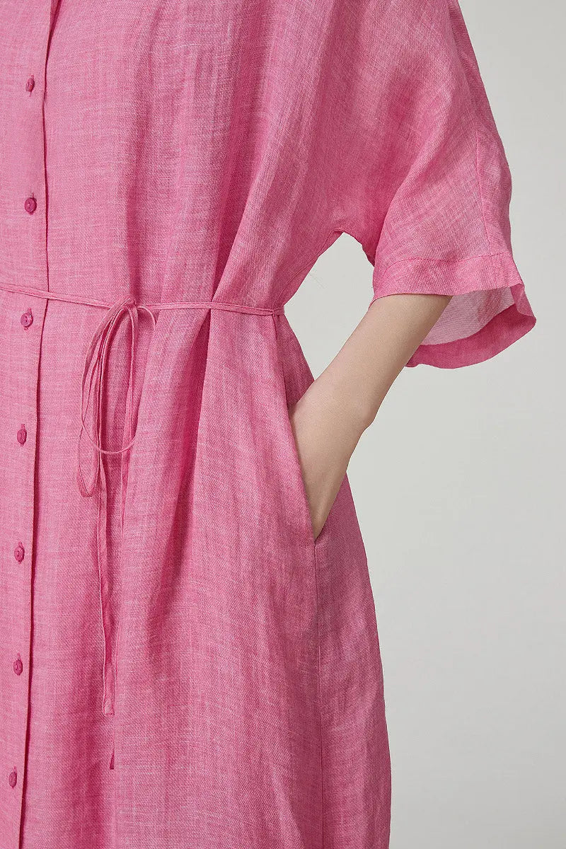 100 Ramie Pink Belted Shirt Midi Dress