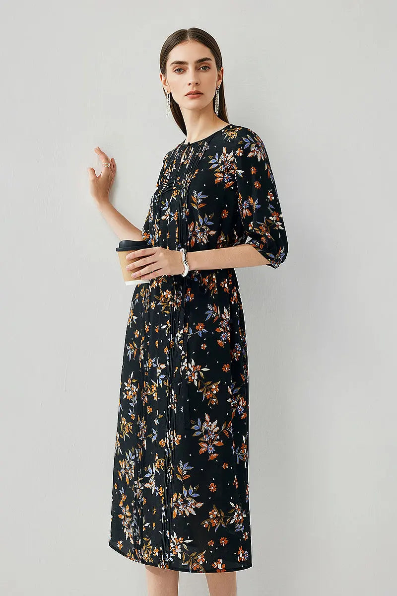 100 Silk Floral Double Crepe Midi Dress