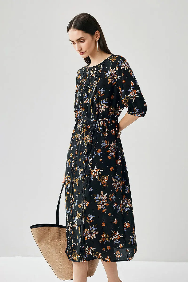 100 Silk Floral Double Crepe Midi Dress
