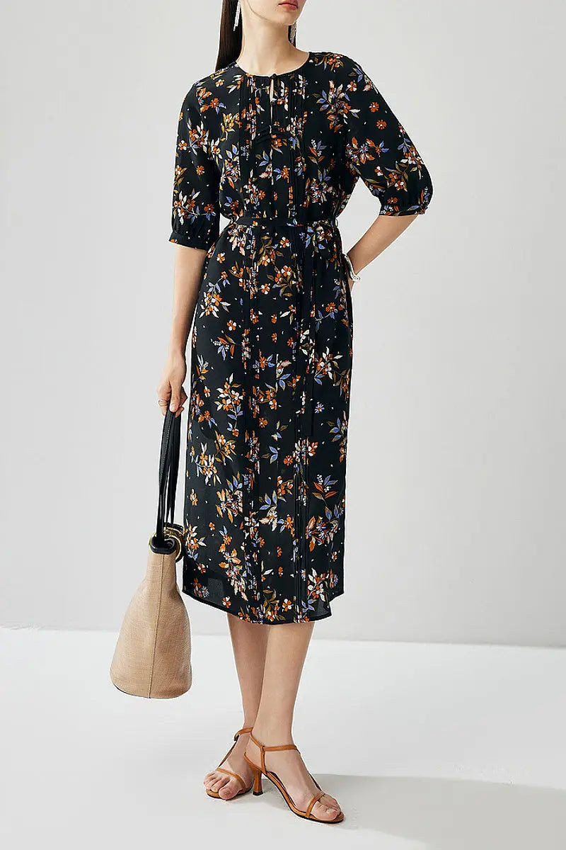 100 Silk Floral Double Crepe Midi Dress