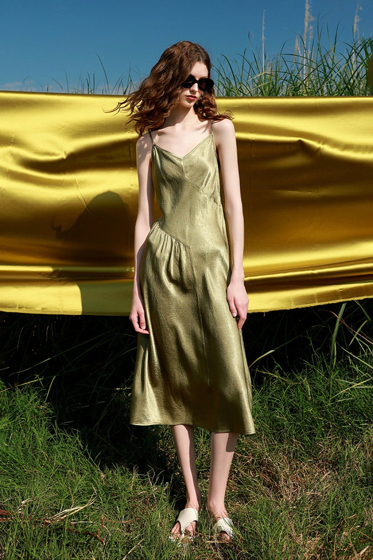 100% Acetate V-Neck Midi Slip Dress