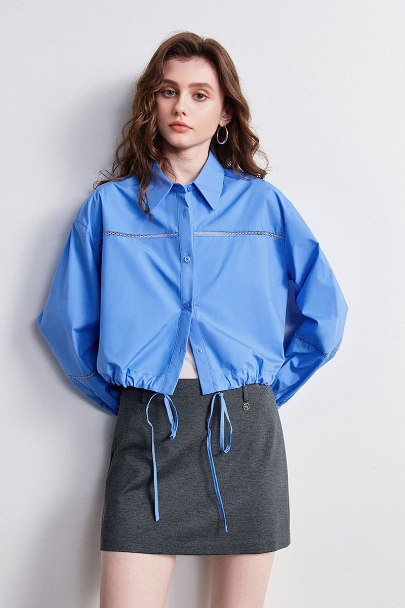 100% Cotton Cropped Button-Up Shirt with Drawstring Hem