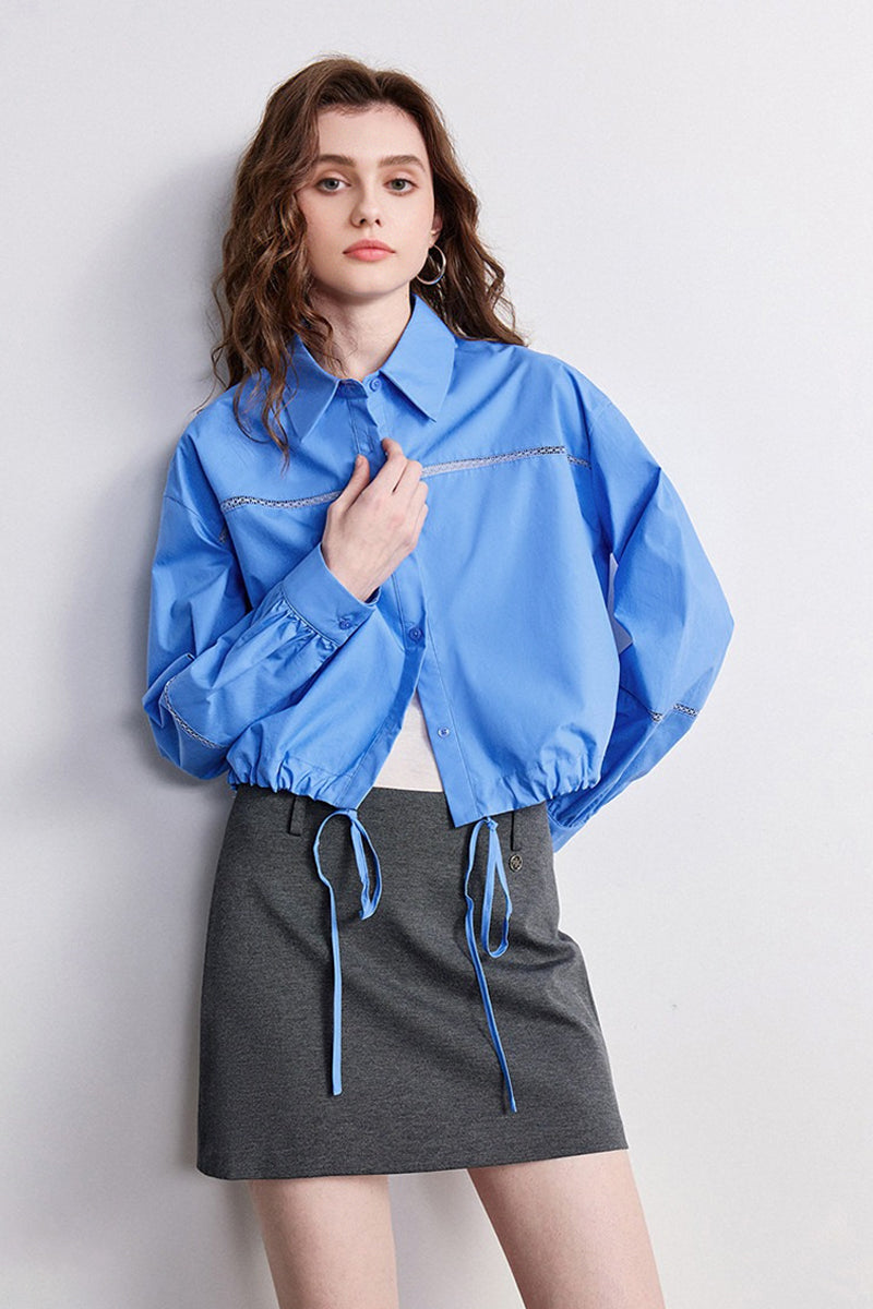 100% Cotton Cropped Button-Up Shirt with Drawstring Hem