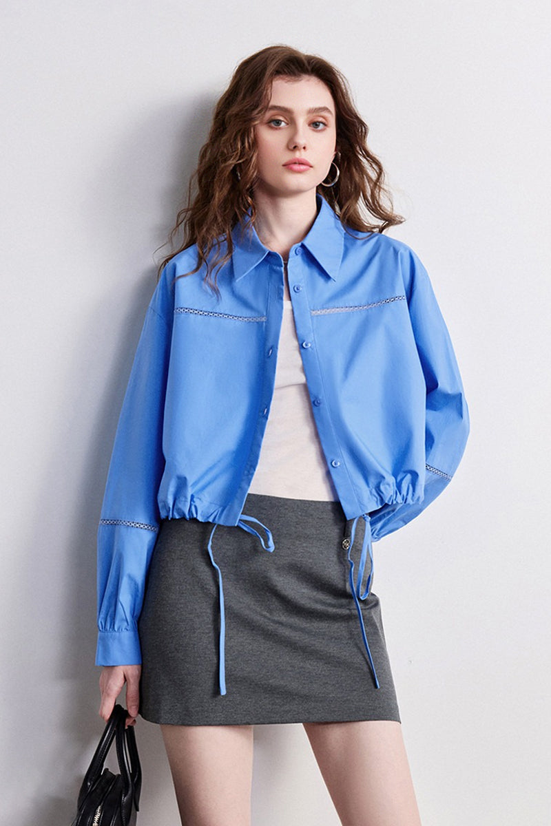 100% Cotton Cropped Button-Up Shirt with Drawstring Hem