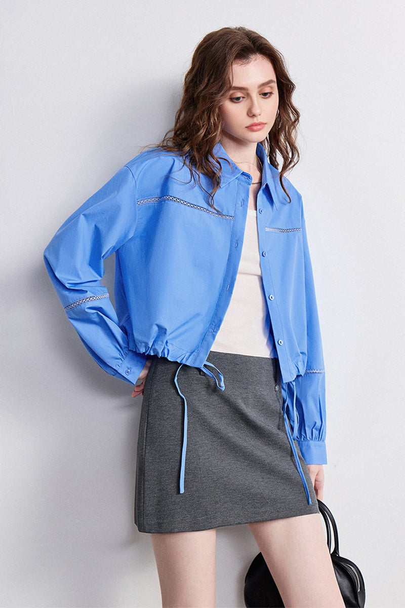 100% Cotton Cropped Button-Up Shirt with Drawstring Hem